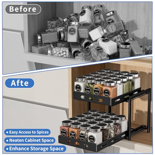 BOIVSHI Pull Out Spice Racks for Inside Cabinets, 2-Tier Cabinet Spice Rack, Height Adjustable Spice Rack Organizer for Cabinet, Kitchen Vertical Spice Rack (9.7''Wx10.8''Dx9.2''H, Metal Black) - size: 9.7''Wx10.8''Dx9.2''H,2 Tier