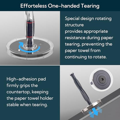 KITCHENDAO One-Handed Countertop Paper Towel Holder, Rotation Freestanding Kitchen Paper Holder Stand, Stainless Steel Paper Roll Holder with Weighted Base High-Adhesion Pad Sticker