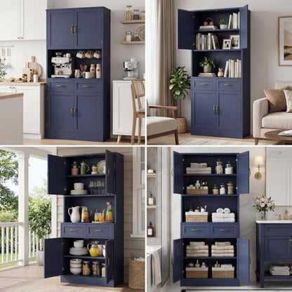 HOSTACK 71" Tall Kitchen Pantry Storage Cabinet, Wood Kitchen Hutch, Blue | Modern Pantry Cabinet with Microwave Stand, Hutch Cabinet with Countertop & Drawers, Storage Cabinet for Living Room - color: Blue + Bronze Handles