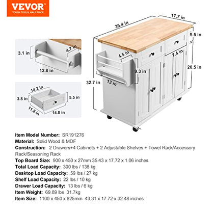 VEVOR Kitchen Island Cart with Solid Wood Top, 35.4" Width Mobile Carts with Storage Cabinet, Rolling Kitchen Table with Spice Rack, Towel Rack, and Drawer, Portable Islands on Wheels, White | Rolling Kitchen Table with Storage Cabinet, Spice Rack, Towel