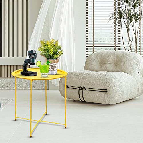 Garden 4 you End Table 2 PCS Metal Side Table Yellow Round Folding Tray Cyan Sofa Small Accent Fold-able Table, Round End Table Tray, Next to Sofa Table, Snack Table for Living Room and Bed Room - color: Yellow