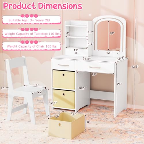 Costzon Kids Vanity with Lights, Princess Makeup Dressing Desk with Mirror and Stool, Storage Drawers, Shelves, Vanity Table and Chair Set for Little Girls (White) - style: White