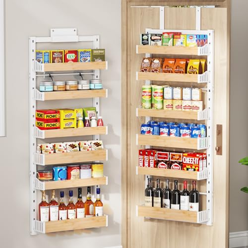 6-Tier Over The Door Pantry Organizer, Heavy-Duty Metal Wall Mount or Hanging Spice Rack, behind the door storage Shelves with Adjustable Basket, Back of Door Organizer for Kitchen Cabinet and Closet - color: White, size: 17"W-6 tier