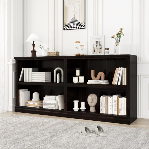 64" W Double Wide Horizontal Bookshelf, 2 Tiers 4 Storage Cube Book Case | Open Shelf Bookcase, Display Cabinet Organizer Indoor Furniture, Home Library Office, Dark Cherry, Adjustable Shelf - color: Dark Cherry, size: Double 2-Tier Bookcase