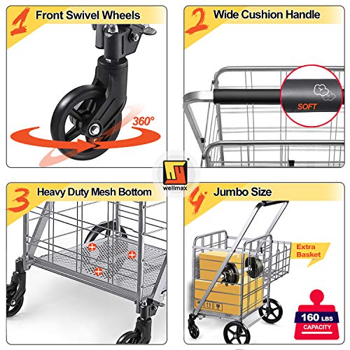 Wellmax Folding Grocery Cart with Wheels, Heavy Duty Metal Utility Cart with Mesh Bottom, Extra Rear Basket, 160 lb Capacity, Dual Swivel Wheels, Foldable Trolley for Groceries & Laundry - size: Jumbo