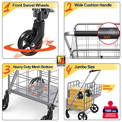 Wellmax Folding Grocery Cart with Wheels, Heavy Duty Metal Utility Cart with Mesh Bottom, Extra Rear Basket, 160 lb Capacity, Dual Swivel Wheels, Foldable Trolley for Groceries & Laundry - size: Jumbo