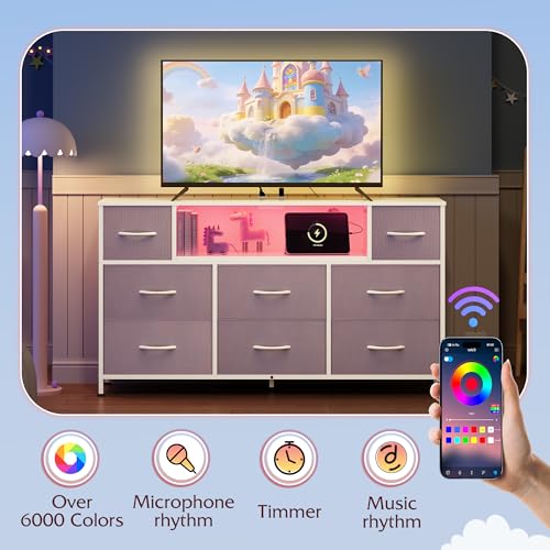 WLIVE Purple Dresser TV Stand for 45, 50, 55 inch TV, Entertainment Center with LED Lights & Charging Station, Chest of Drawers with 8 Fabric Drawers and Open Shelves for Living Room, Hallway - color: Purple