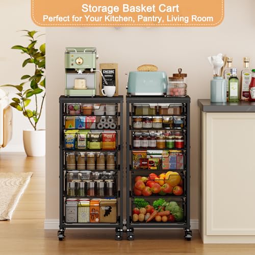 6-Tier Kitchen Storage Cart -Fruit Vegetable Storage Cart with Drawers, Wooden Top Metal Wire Kitchen Organizer and Storage Cart with Wheels to Storage Onions Potatoes Cans Snacks for Kitchen - size: 6-Tier Black