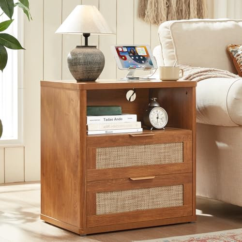 LEYAOYAO Rattan 23" Nightstands with Charger Station 2 Drawers | Gold Metal Handle, Open Shlef Storage, Boho Night Stand, Bedside Table Dresser for Bedroom, Living Room Hallway - color: Tea Brown, size: 15.5"D x 23"W x 24.2"H (2 Drawers)