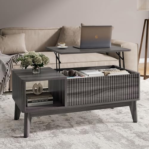 LYNCOHOME Fluted Lift Top Coffee Table with Storage,Modern Center Table for Living Room, Home Office（Grey） - color: Grey, size: 18.9''D x 37.4''W x 16.2''H