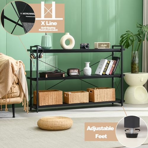 HCHQHS Bookshelf, 3-Tier Long Industrial Bookcase, Black Open Book Shelf, Freestanding Horizontal Bookshelves with Metal Frame - color: Ebony Black, size: 3-Tier (56.7"W x 35.8"H)