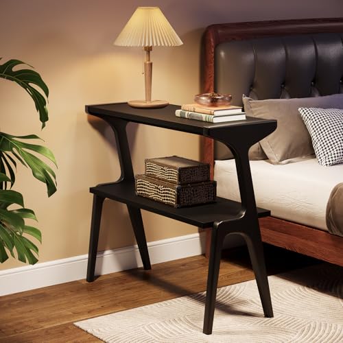Tribesigns 2-Tier Solid Wood Side Table, Modern Black End Table with Storage Shelves, Tall Slim Side Table for Couch with Unique Legs, Long Bedside Table for Bedroom, Living Room - color: Black