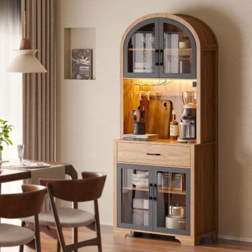 Tall Arched Pantry Cabinet, Kitchen Pantry Cabinet with Drawer and Charging Station, Tall Coffee Bar Cabinet with Storage, Dining Room Kitchen Hutch Storage Cabinet - color: Natural