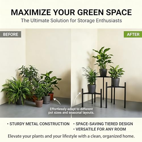 3-Pack Metal Plant Stands Indoor, Adjustable Flower Pot Holder Set, Modern Plant Shelf for Living Room Balcony Patio Office Corner (Fits 8-12 Inch Pots)