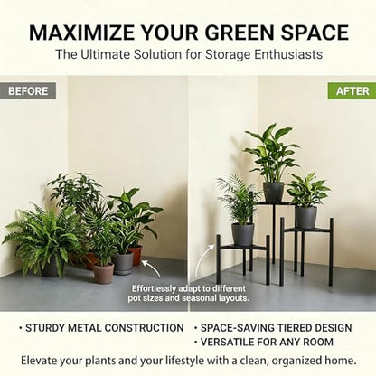 3-Pack Metal Plant Stands Indoor, Adjustable Flower Pot Holder Set, Modern Plant Shelf for Living Room Balcony Patio Office Corner (Fits 8-12 Inch Pots)