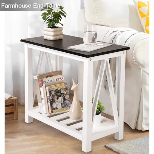 Farmhouse End Side Table Wood Frame Narrow Side Table with Shelves Black White Rectangular Night Stand Sofa Table for Couch, Small Spaces, Living Room, Bedroom - color: Black&white
