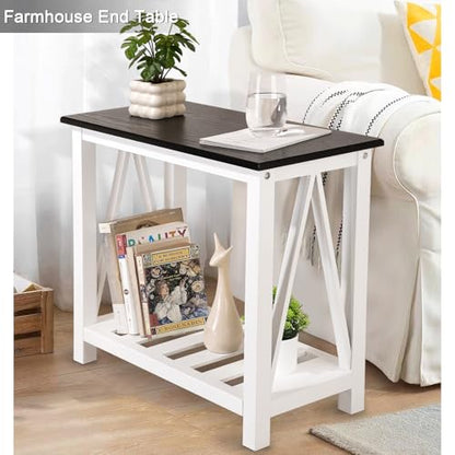 Farmhouse End Side Table Wood Frame Narrow Side Table with Shelves Black White Rectangular Night Stand Sofa Table for Couch, Small Spaces, Living Room, Bedroom - color: Black&white