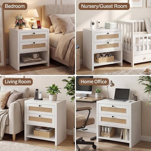 LIKIMIO Rattan Nightstand, 23" Wide Night Stand with Charging Station, Boho Side Table with 2 Drawers and Open Shelf, Bedside Table for Bedroom, White Oak