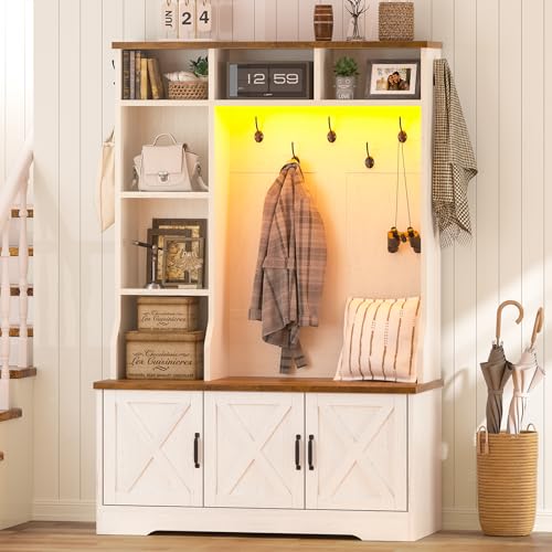 CSZZD Hall Tree with Bench & Entryway Coat Rack with Shoe Storage | Farmhouse Entryway Bench with Led Lights, 7 Coat Hooks, 6 Storage Cubbies, Adjustable Shelf, Spacious Shoe Storage Bench - color: Antique White&Brown, size: 39.4"
