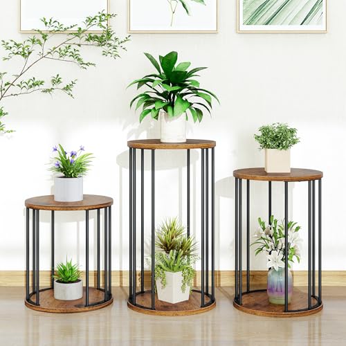 Plant Stand Indoor,small plant stool,Flower Pot Corner stand holder,Mid Century Heavy Duty Metal Tall Home Decor,Modern Round End Table,Small Rustic Display Stand for Living Room,Bedroom (Brown,3 Packs) - color: all size brown set 3