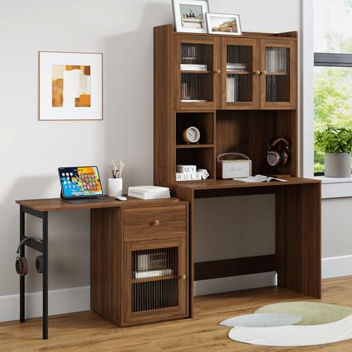 Computer Desk with 90 Degree Rotating Desktop| Space-Saving Bookshelf Hutch with Glass Cabinet Doors, Open Shelves & Drawer Work Desk for Home Office/Bedroom/Living Room| Anti-Tip Device (Walnut) - color: Walnut