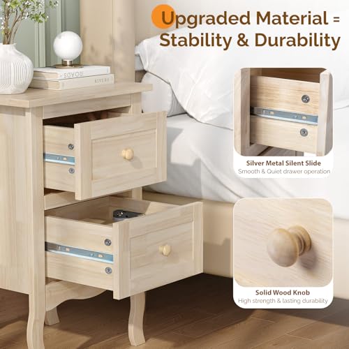 Bonnlo Solid Wood Nightstand Unfinished for Color DIY, Small Night Stand for Bedroom, Natural Wood Nightstand with Drawers, Light Wood Nightstand, Real Wooden Bed Side Table/End Table - color: Natural Wood