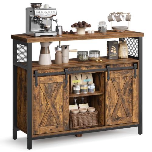 VASAGLE Buffet Cabinet, Coffee Bar Storage Cabinet, Sideboard with 2 Sliding Barn Doors, Adjustable Shelves, 13 x 39.4 x 31.5 Inches, for Living Room, Rustic Brown and Ink Black ULSC092B01 - color: Rustic Brown + Ink Black, size: 13"D x 39.4"W x 31.5"H, s