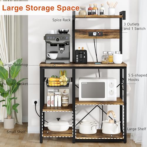 Recaceik Bakers Rack Kitchen Storage Rack with Power Outlet Microwave Stand Coffee Bar Station with 5 S-Hooks Freestanding Kitchen Shelves for Spices, Pots and Pans, Rustic Brown