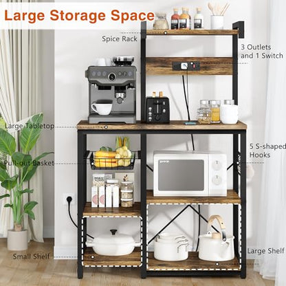 Recaceik Bakers Rack Kitchen Storage Rack with Power Outlet Microwave Stand Coffee Bar Station with 5 S-Hooks Freestanding Kitchen Shelves for Spices, Pots and Pans, Rustic Brown