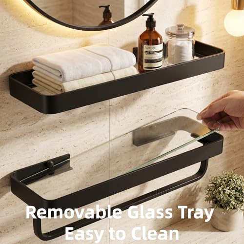 VOLPONE Bathroom Wall Shelf Black Glass Shelves 15.7in Bathroom Shelves with Towel bar Towel Shelf Wall Mounted 2 Tier - style: 2 tier with towel bar-black