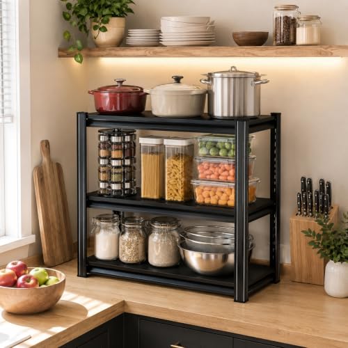32"H x28"W Bakers Rack, 3-Tier Adjustable Kitchen Storage Rack, Highly Stable Metal Microwave Stand with Storage, 400lbs Per Tier Corner Display Shelf, Suitable for Kitchen Pantry Dinning Room, Black - size: 3T-32"H*28"W*14"D
