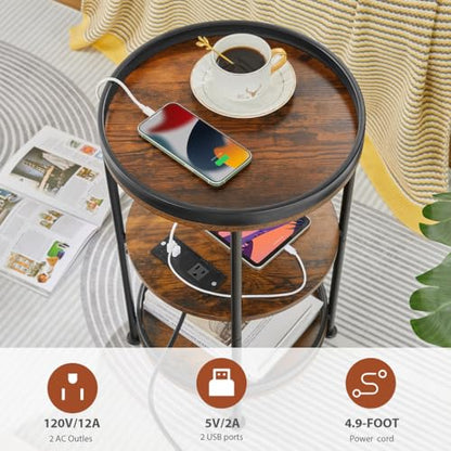 Dulcii Round Side Table with Charging Station, End Table with 3 Shelves for Living Room, Bedroom Nightstand for Small Spaces, Industrial Round Sofa Table with Steel Frame (USB+Rustic Brown) - color: Rustic Brown, style: With Outlets