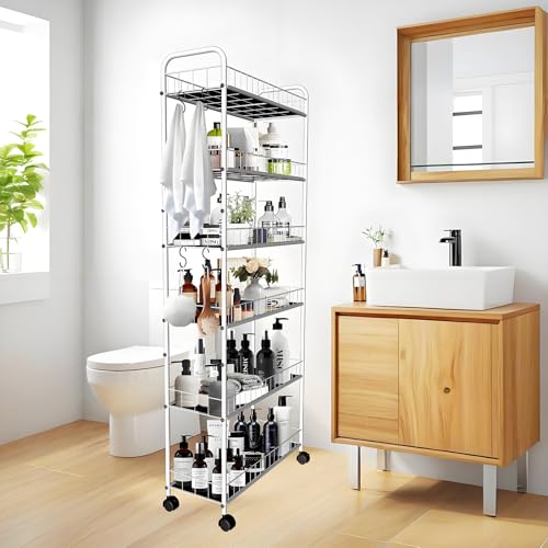 10in 6 Tier Slim Storage Cart with Wheels, Narrow Space Rolling Shelving Unit with Handle, Metal Wire Mobile Organizer Rack for Kitchen Bathroom Office Laundry - size: 10in White Cart with Handle