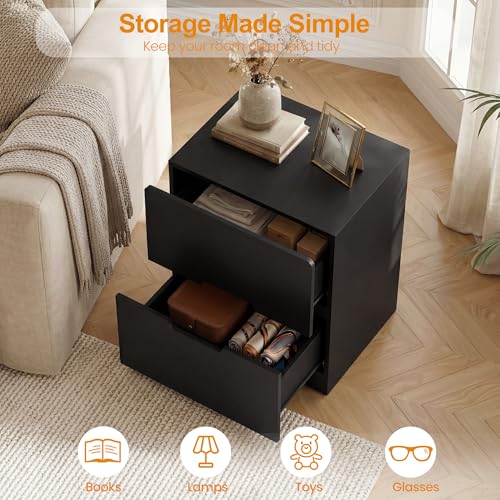 RoyalCraft Black Nightstand Set of 2, Night Stand with Drawers, Modern Bedside Table with Handless Design, Wood End Table for Bedroom, Hallway - color: Black, size: 2 Pieces