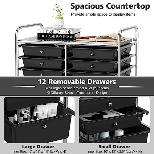 DREAMADE Rolling Cart with Storage Drawers, Utility Cart with Removable Plastic Drawers, Lockable Wheels, Art Cart for Classroom Organization Art Supplies Office Scrapbook (12 Drawers, Black) - color: Black, style: 12 Drawers