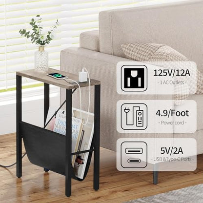Narrow End Table with Charging Station, Slim Sofa Side Table with USB Ports & Outlet, Narrow Nightstand with Storage Bag, Small Side Table for Small Spaces, Living Room, Bedroom, Greige - color: Greige