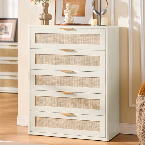 LEYAOYAO 41" Dresser for Bedroom, Tall Rattan Chest of Drawers | Gold Metal Handle, Modern 5 Drawers Boho Dressers with Storage for Living Room, Hallway - color: Grey White, size: 15.5"D x 31.5"W x 41"H (5 Drawers)