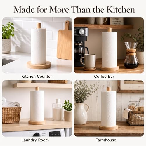 Wooden Paper Towel Holder for Countertop, Solid Beech Wood Stand with Wider Non-Slip Base, Fits Standard and Jumbo Rolls, Easy Assembly, Farmhouse Kitchen Paper Towel Dispenser - size: Large, style: Classic Beech