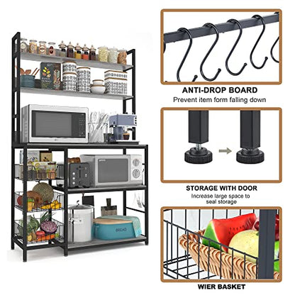 Kitchen Bakers Rack with Baskets,Free Standing Shelf,5-Tier Kitchen Utility Storage Shelf with Hooks, Microwave Oven Stand Rack Grey - color: Grey
