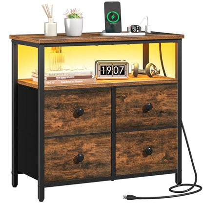 Yoobure Night Stand with Charge Station, Nightstand with 4 Drawers Bedside Table, LED Dresser with Storage Shelf, Night Stands for Bedroom, Side Table 3-Tier Wood End Table for Home Rustic Brown - color: Rustic Brown