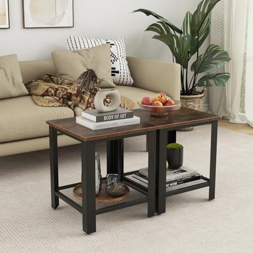 Giantex 2-Tier End Table Set of 2, 16 Inch Small Side Table w/Mesh Storage Shelf, Industrial Telephone Table with Heavy-Duty Metal Frame, Square Sofa Table for Small Space Living Room, Rustic Brown