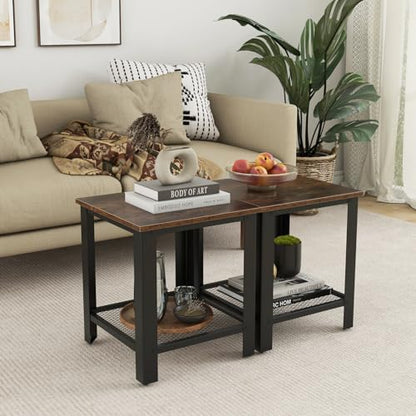 Giantex 2-Tier End Table Set of 2, 16 Inch Small Side Table w/Mesh Storage Shelf, Industrial Telephone Table with Heavy-Duty Metal Frame, Square Sofa Table for Small Space Living Room, Rustic Brown