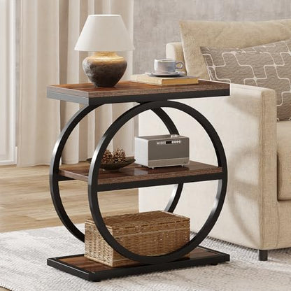 Tribesigns End Table, Narrow End Table with 3 Storage Shelves, Wood Side Table with Black Metal Frames, Industrial Small Sofa Side Table for Living Room, Slim Nightstand and Bedside Table for Bedroom - color: Brown