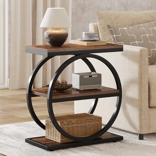 Tribesigns End Table, Narrow End Table with 3 Storage Shelves, Wood Side Table with Black Metal Frames, Industrial Small Sofa Side Table for Living Room, Slim Nightstand and Bedside Table for Bedroom - color: Brown