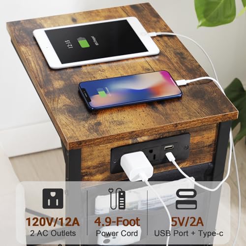 AMHANCIBLE C Shaped End Table with Charging Station, Couch Side Tables that Slide Under Sofa with Storage Bag, Slim TV Tray with USB Ports for Living Room, Bedroom, Rustic Brown HET04CBR - color: Rustic Brown