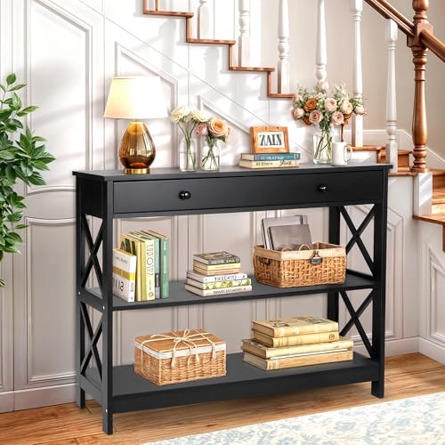 Nouva Narrow Console Accent Table w/Storage Shelf, 3-Tier 40 Inch Entryway Sofa Table End Table Display Shelf w/Drawer for Living Room Hallway Entryway Foyer,Black