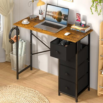 Small Computer Desk with 4 Fabric Drawers, 36 Inch Reversible Writing Desk for Home Office Bedroom, Modern Simple Kids Student Study Desk with Storage, Compact Desk for Small Spaces, Rustic Brown - color: Brown
