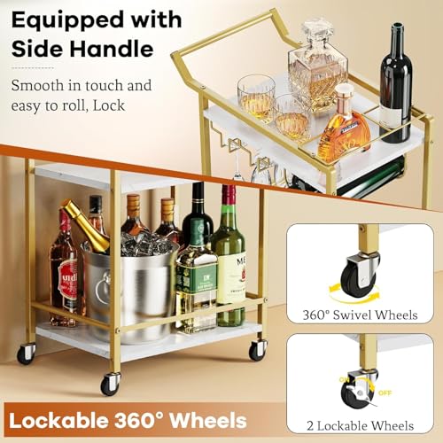 3 Tier Bar Cart Mini Liquor Utility Cart for Wine Beverage Dinner Party | Rolling Wine Coffee Drink Serving Cart with Lockable Wheels for Home Kitchen Bars (Gold) - color: Gold - 11.8"d X 20.8"w X 35.4"h