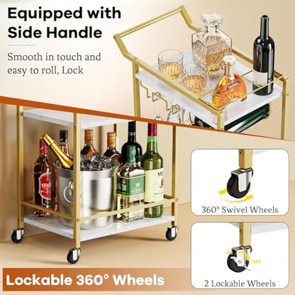 3 Tier Bar Cart Mini Liquor Utility Cart for Wine Beverage Dinner Party | Rolling Wine Coffee Drink Serving Cart with Lockable Wheels for Home Kitchen Bars (Gold) - color: Gold - 11.8"d X 20.8"w X 35.4"h