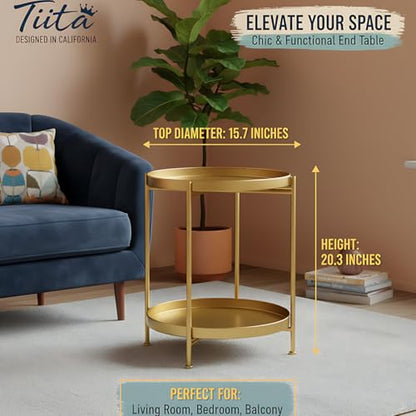 Tiita 2 Pack Round End Table Mental Side Table Nightstand/Small Wood Tables Accent Coffee Table with Wooden Tray for Living Room Bedroom Office Small Space - color: Gold